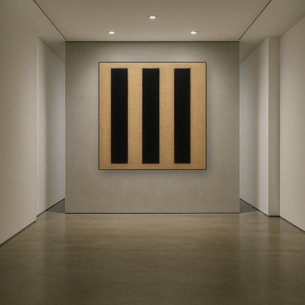 Minimalist Black Stripe & Raw Linen Rhythm No. 7 Fine Art Oil Painting - View 5