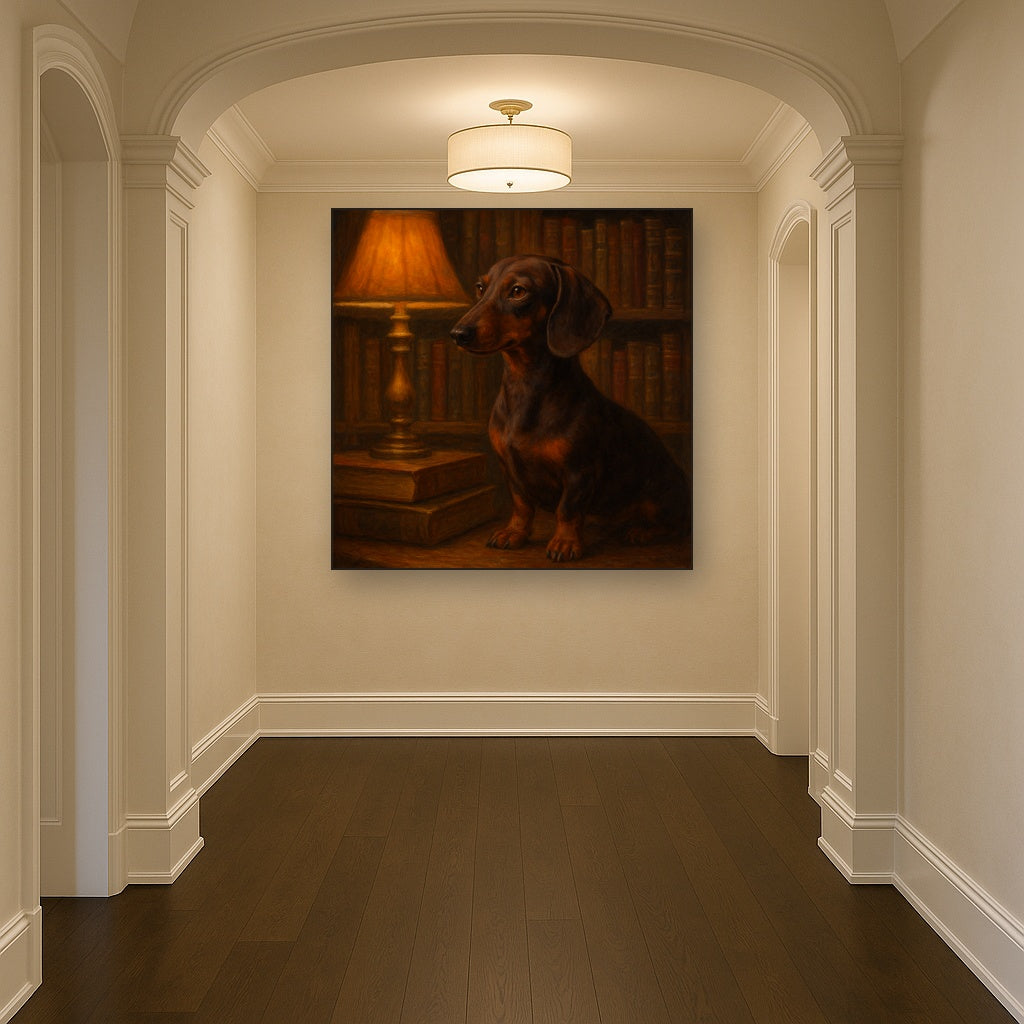 Smooth Dachshund in Moody Library Study No. 10 Fine Art Oil Painting - View 5