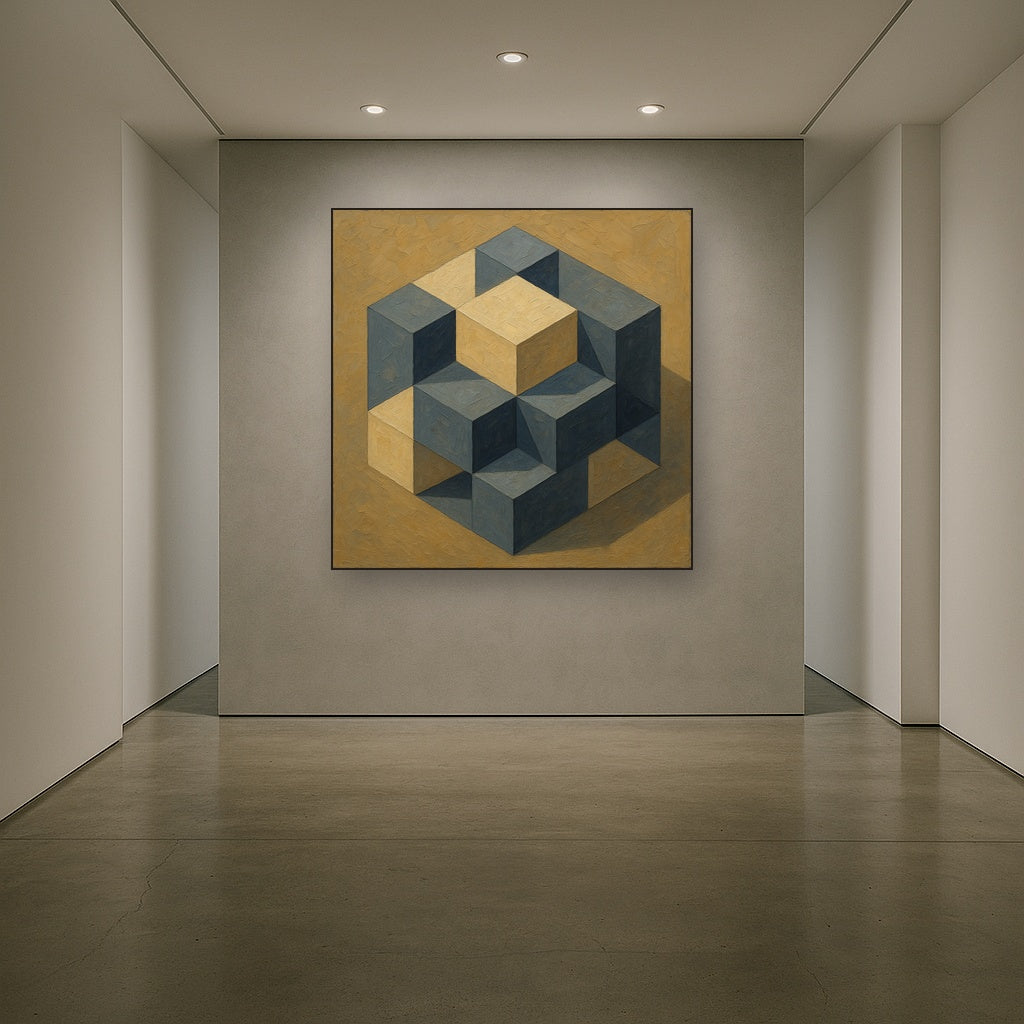 Isometric Modernist Cube Abstraction No. 6 Oil Painting - Styled in Entryway Hallway