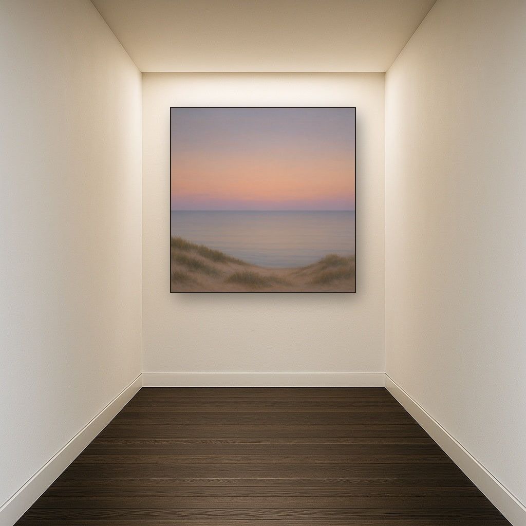 Pastel Dusk Horizon over Calm Atlantic Waters No. 17 Oil Painting Staged in Bright Entryway and Hallway Gallery Wall, Hand Painted Fine Art on Linen