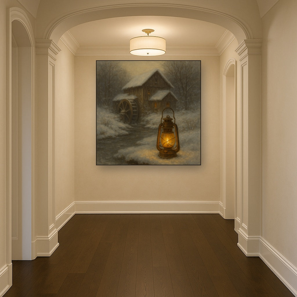 Snowy Mill Stream & Glowing Lantern No. 6 Oil Painting - View 5