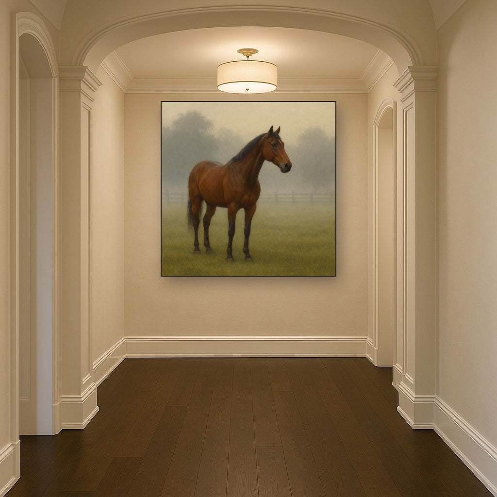 Thoroughbred in Morning Pasture Mist No. 19 Oil Painting Staged in Bright Entryway and Hallway Gallery Wall, Hand Painted Fine Art on Linen