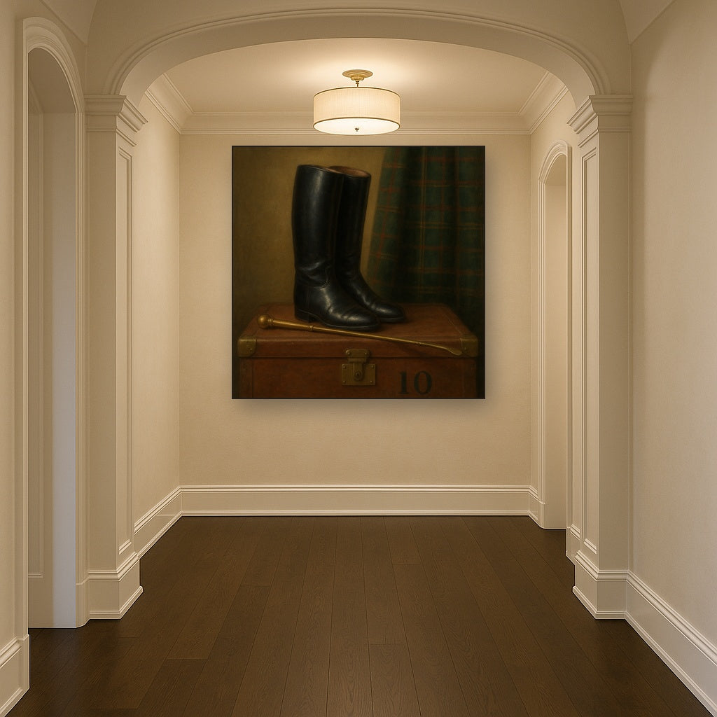 Vintage Riding Boots & Brass Crop on Trunk No. 10 Oil Painting - View 5