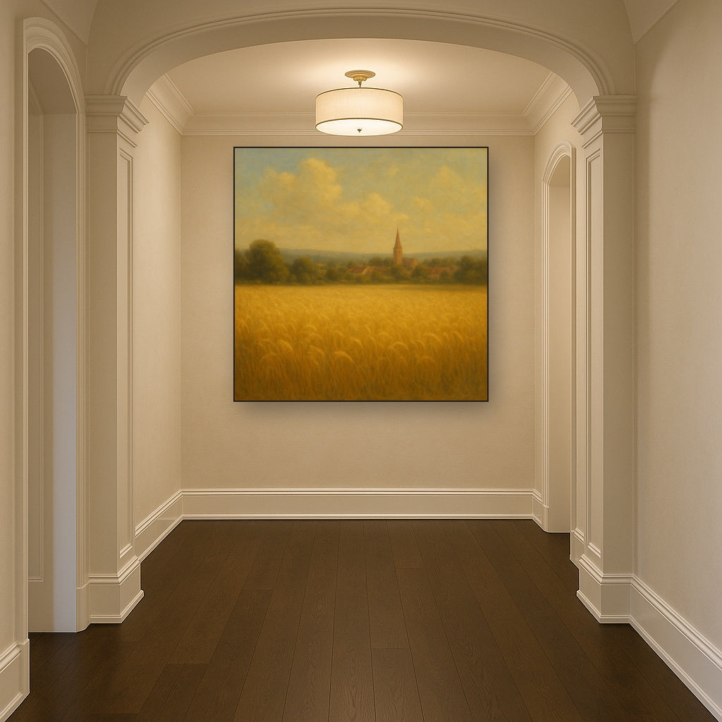 Sun-Drenched Wheatfield & Distant Village Oil Painting - View 5
