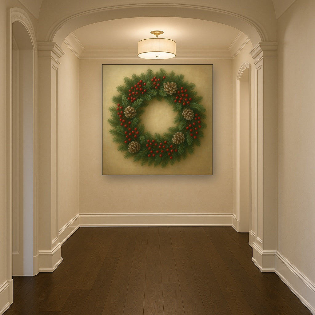 Vintage Holiday Botanical Wreath & Berries Oil Painting Staged in Bright Entryway and Hallway Gallery Wall, Hand Painted Fine Art on Linen