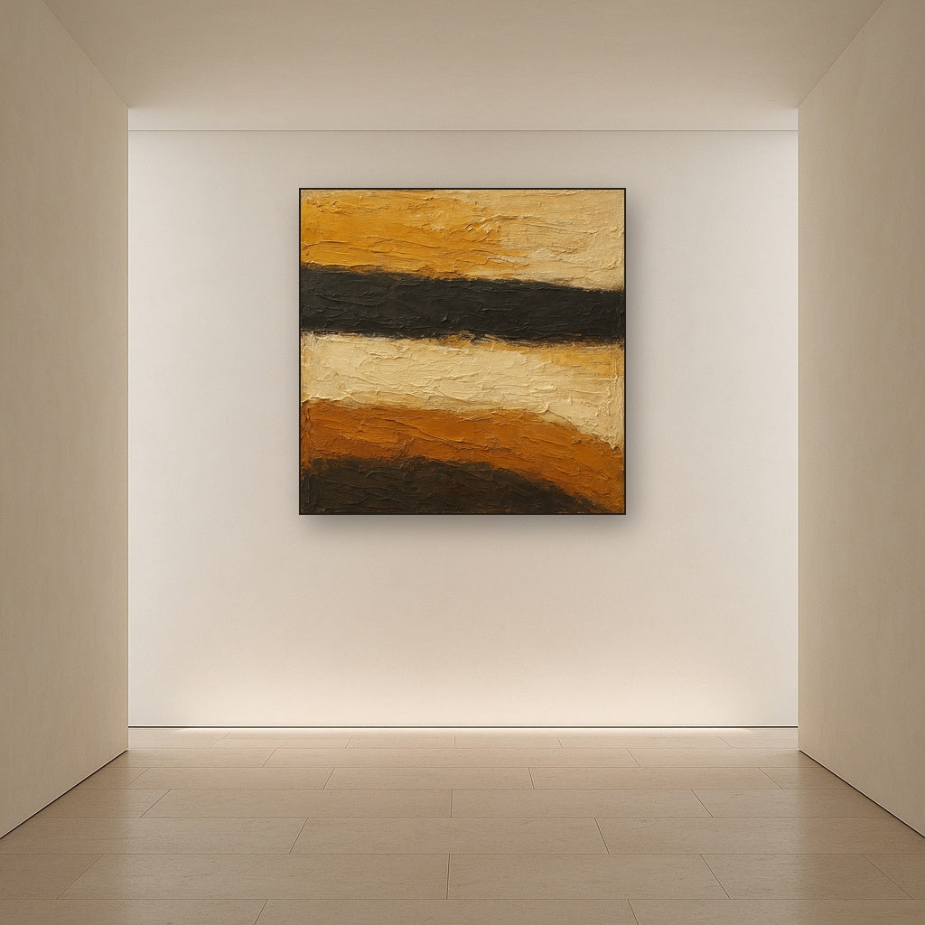 Charcoal & Ochre Horizon Wabi-Sabi Oil Painting - Styled in Entryway Hallway