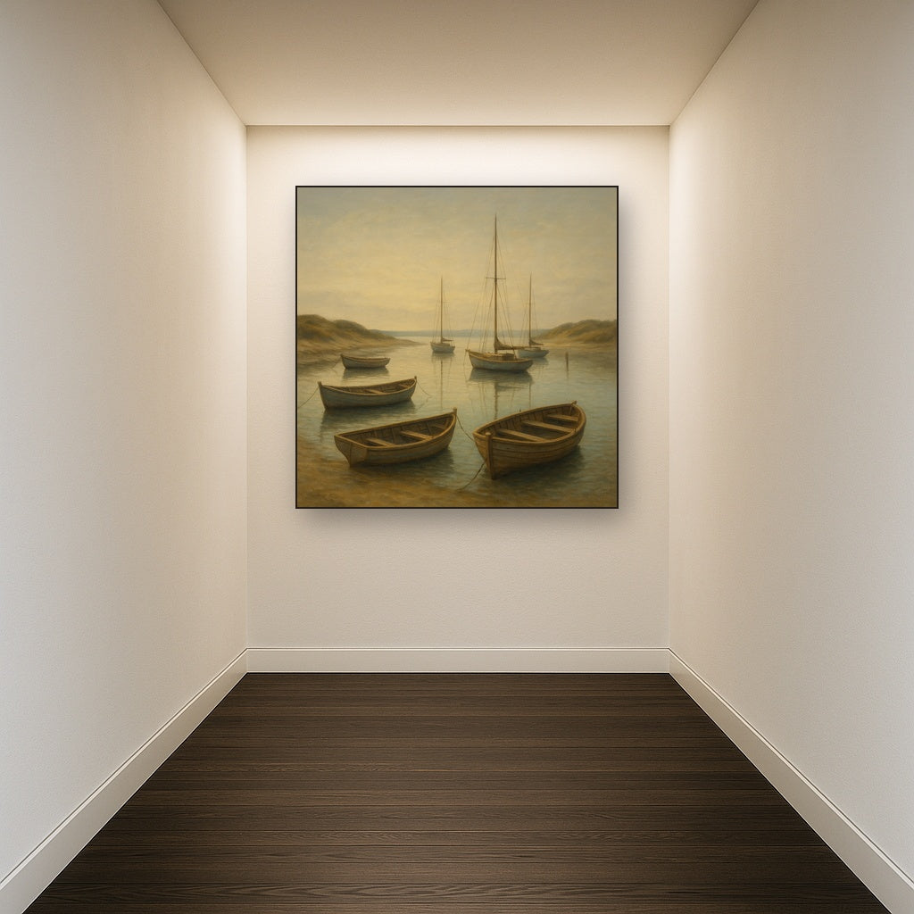Quiet Fishing Harbor at Morning Low Tide No. 12 Oil Painting Staged in Bright Entryway and Hallway Gallery Wall, Hand Painted Fine Art on Linen