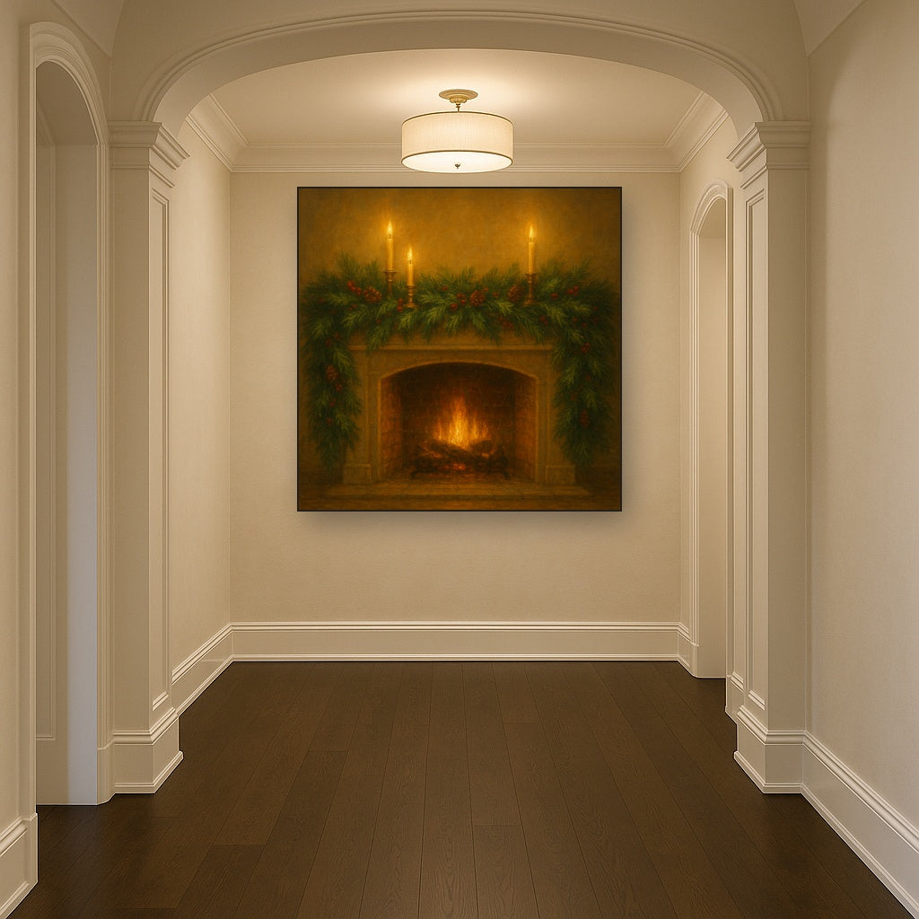 Vintage Fireside Hearth & Cedar Garlands Oil Painting - View 5