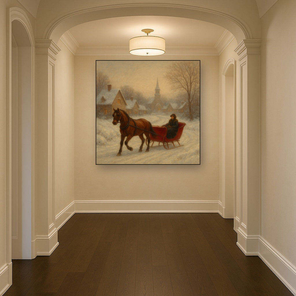 Horse-Drawn Sleigh on Village Snow Road No. 6 Oil Painting - View 5