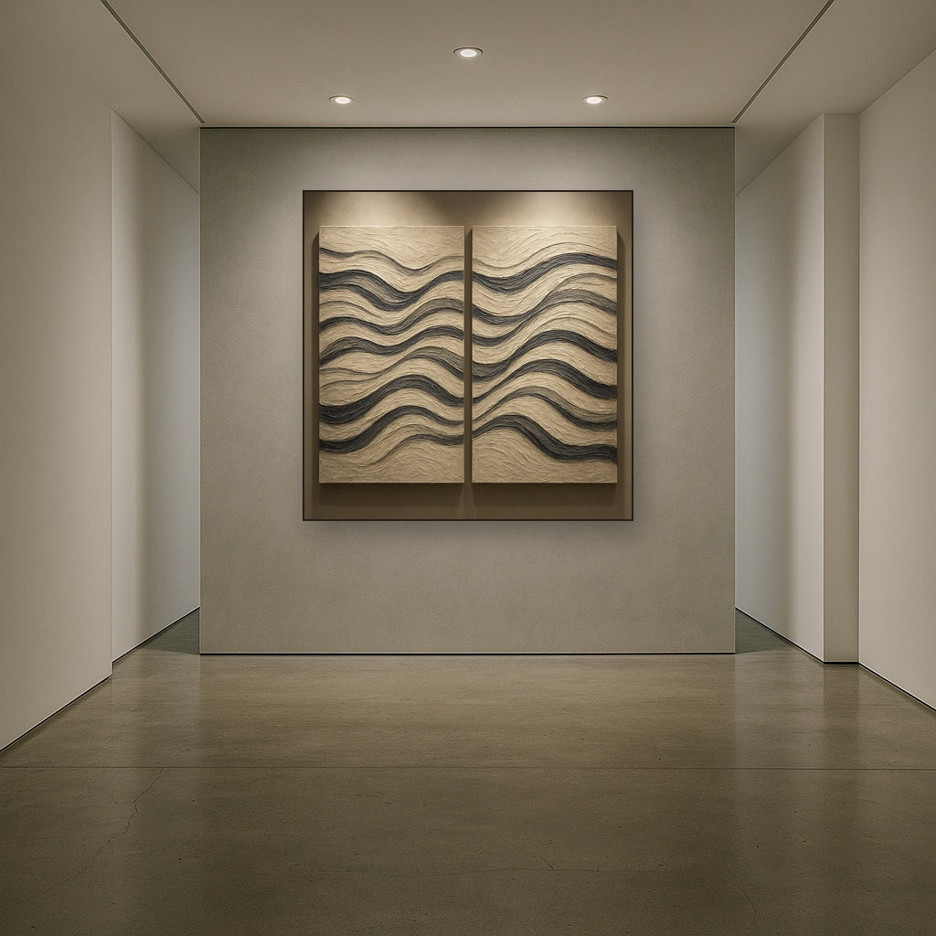 Monochrome Linear Rhythm Diptych Oil Painting - Styled in Entryway Hallway
