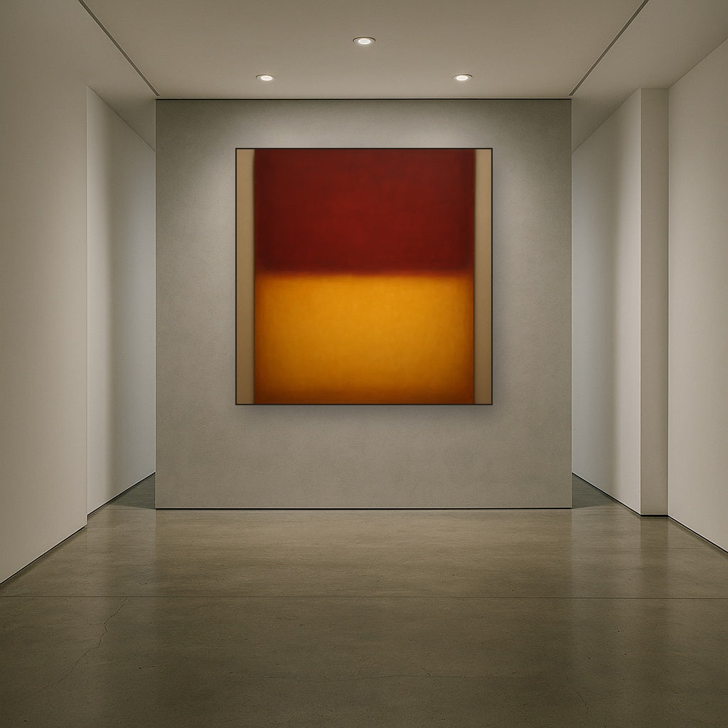 Crimson Burgundy & Saffron Gold Color Vibrations No. 28 Oil Painting Staged in Bright Entryway and Hallway Gallery Wall, Hand Painted Fine Art on Linen