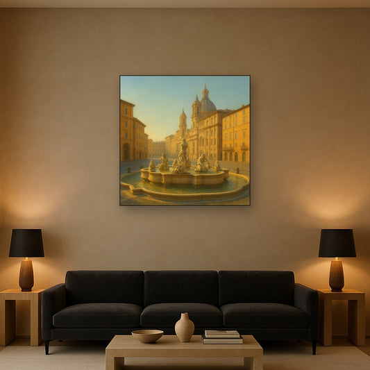 Rome Piazza Fountain in Morning Sunlight No. 3 Oil Painting Staged Above Sectional Sofa in Living Room, Hand Painted Canvas Wall Art for Home Decor