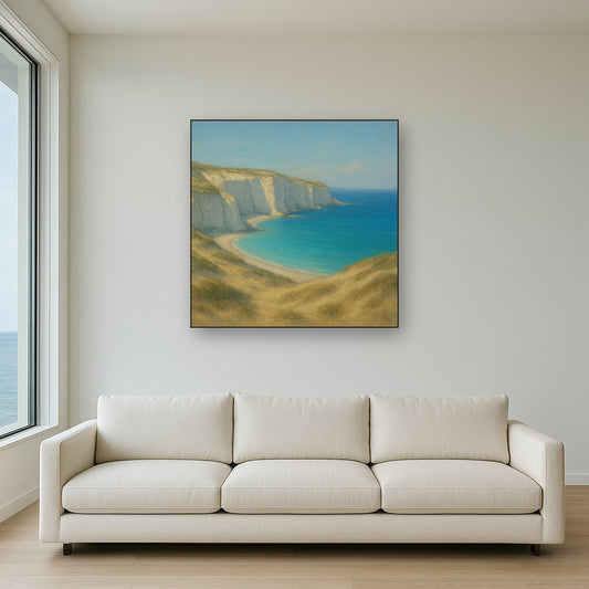 Mediterranean White Cliffs & Turquoise Cove No. 5 Oil Painting Staged Above Sectional Sofa in Living Room, Hand Painted Canvas Wall Art for Home Decor