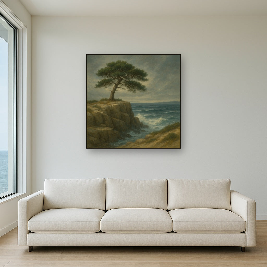 Wild Coastal Pine on Stormy Granite Cliff No. 17 Oil Painting Staged Above Sectional Sofa in Living Room, Hand Painted Canvas Wall Art for Home Decor