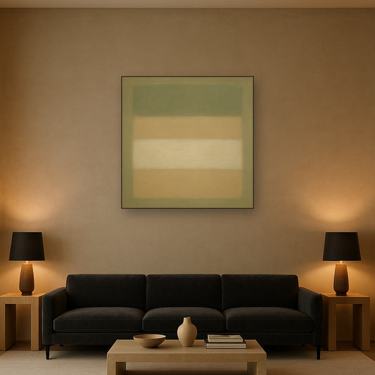 Sage Olive & Pale Sandstone Minimalist Harmony No. 14 Oil Painting Staged Above Sectional Sofa in Living Room, Hand Painted Canvas Wall Art for Home Decor