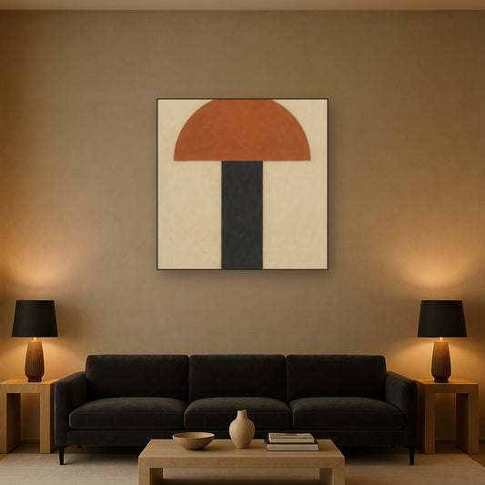 Semicircle Horizon & Minimalist Pillar No. 12 Oil Painting Staged Above Sectional Sofa in Living Room, Hand Painted Canvas Wall Art for Home Decor