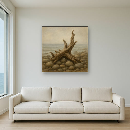 Driftwood Shallows Coastal Oil Painting - Styled in Modern Living Room