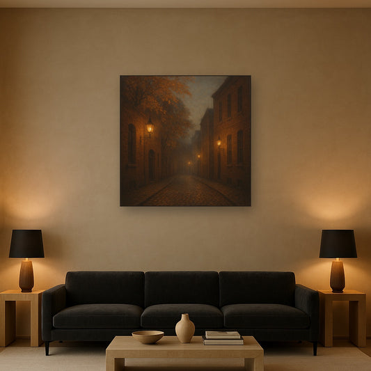 London Gaslamp Alley in Autumn Dusk No. 23 Oil Painting Staged Above Sectional Sofa in Living Room, Hand Painted Canvas Wall Art for Home Decor