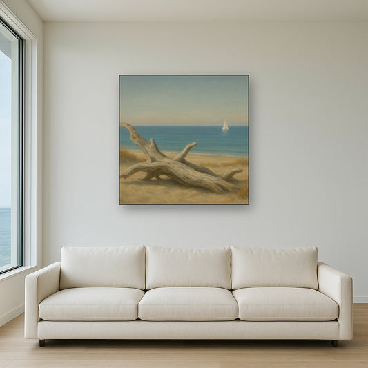 Sun-Bleached Driftwood & Distant Sailboat No. 11 Oil Painting Staged Above Sectional Sofa in Living Room, Hand Painted Canvas Wall Art for Home Decor