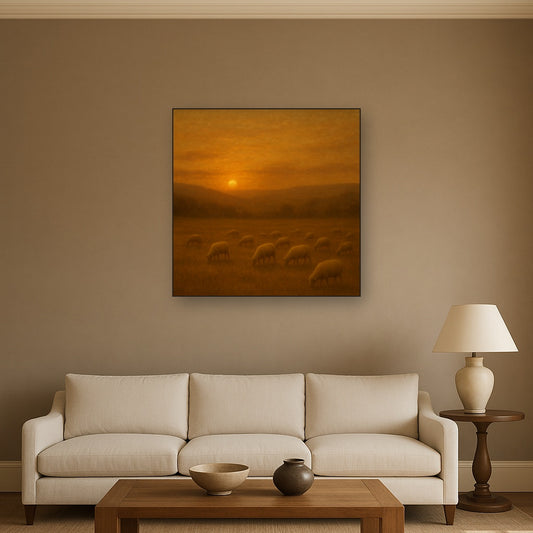 Sunset Grazing Flock in Golden Valley No. 6 Oil Painting - View 2