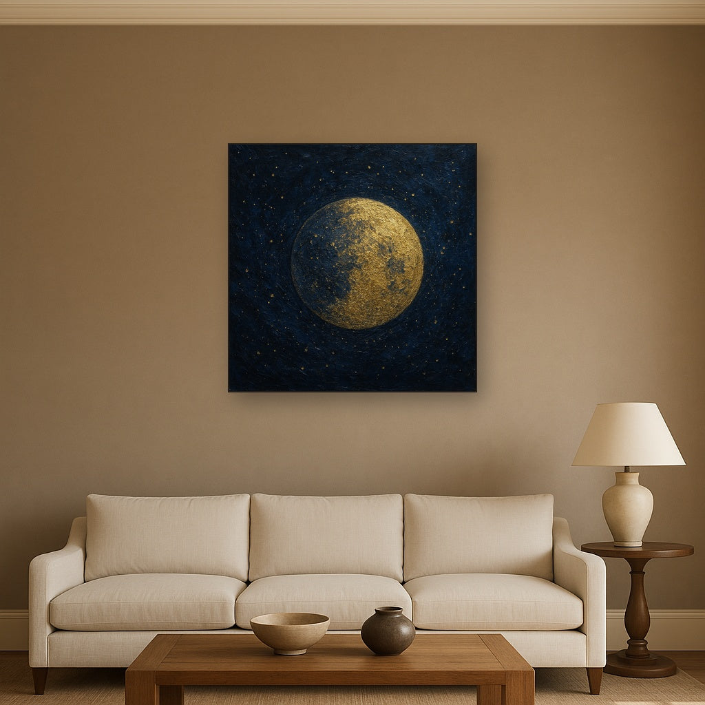 Midnight Celestial Gold Sphere Luxury Oil Painting - Styled in Modern Living Room