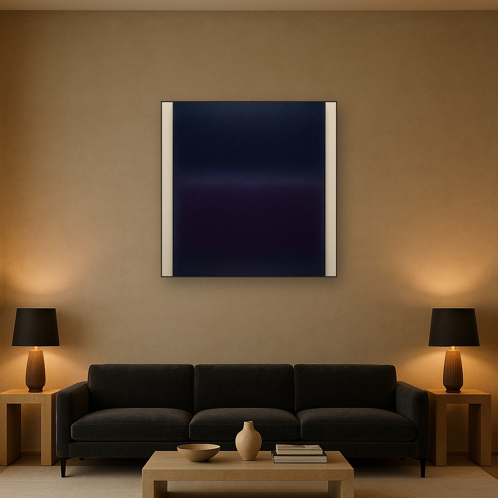 Deep Indigo & Midnight Plum Ambient Field No. 18 Oil Painting Staged Above Sectional Sofa in Living Room, Hand Painted Canvas Wall Art for Home Decor