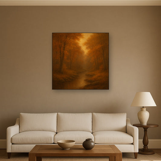 Secluded Woodland Brook in Autumn Glow No. 8 Oil Painting Staged Above Sectional Sofa in Living Room, Hand Painted Canvas Wall Art for Home Decor