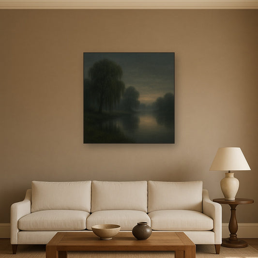 Tranquil Riverbank at Twilight Mist No. 10 Oil Painting Staged Above Sectional Sofa in Living Room, Hand Painted Canvas Wall Art for Home Decor