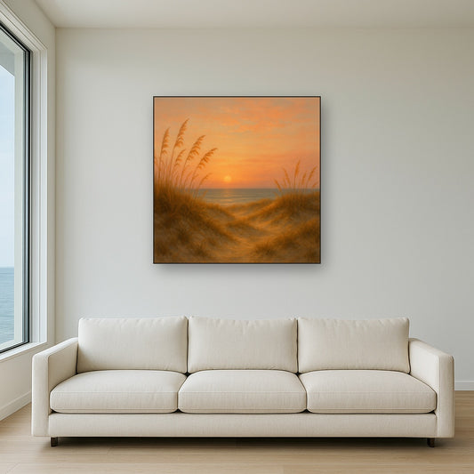 Sea Oats on Rolling Coastal Dunes at Sunset No. 10 Oil Painting Staged Above Sectional Sofa in Living Room, Hand Painted Canvas Wall Art for Home Decor