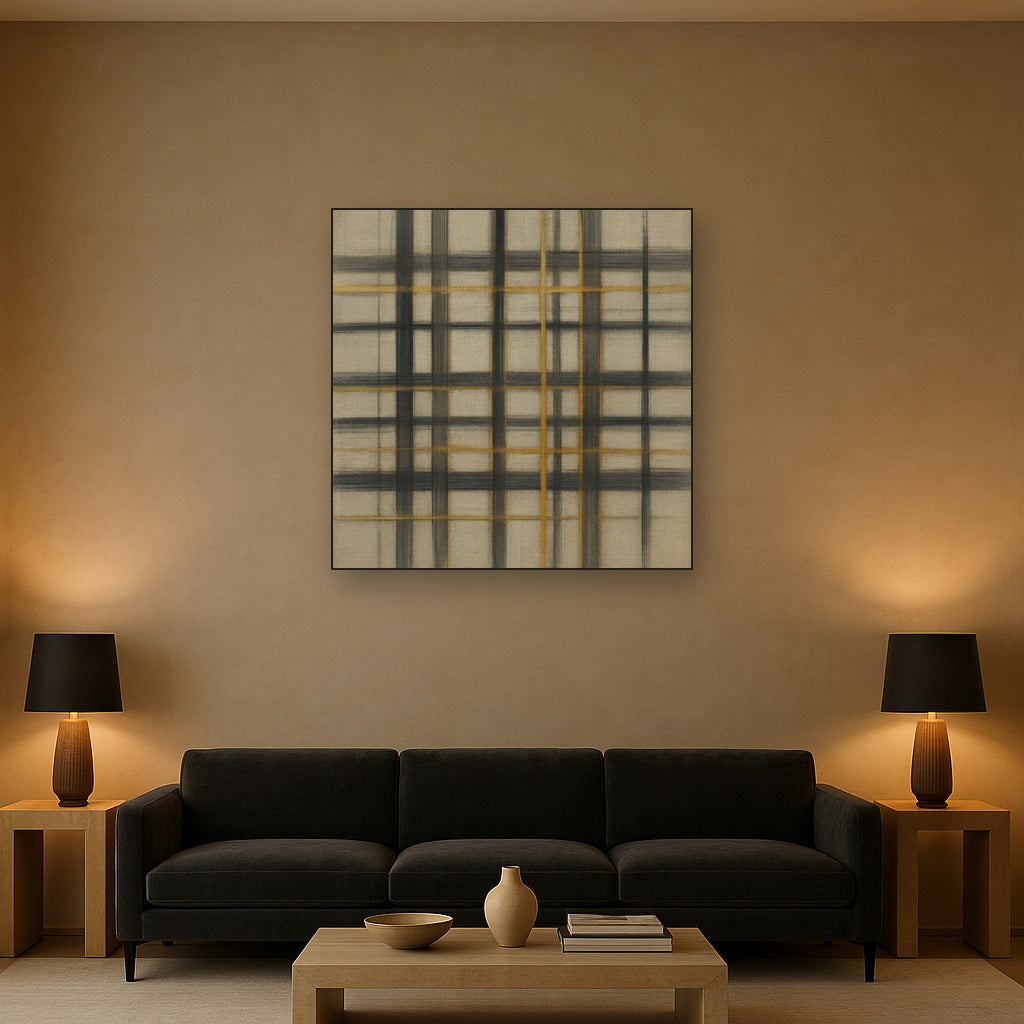 Abstract Woven Line Matrix in Charcoal & Gold No. 4 Fine Art Oil Painting - View 2