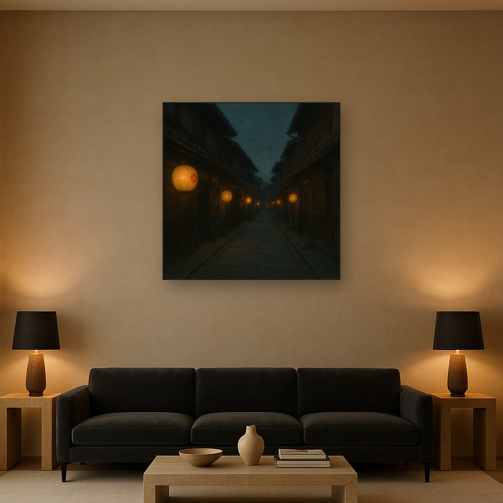 Old Kyoto Gion Alley in Soft Lantern Light No. 28 Oil Painting Staged Above Sectional Sofa in Living Room, Hand Painted Canvas Wall Art for Home Decor