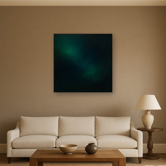 Emerald & Midnight Sapphire Sfumato Immersion No. 19 Oil Painting Staged Above Sectional Sofa in Living Room, Hand Painted Canvas Wall Art for Home Decor