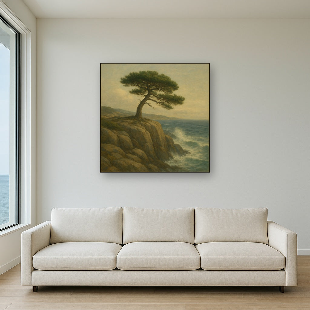 Wild Coastal Pine on Stormy Granite Cliff No. 7 Oil Painting - View 2