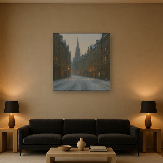 Edinburgh Old Town Royal Mile in Snow No. 30 Oil Painting Staged Above Sectional Sofa in Living Room, Hand Painted Canvas Wall Art for Home Decor