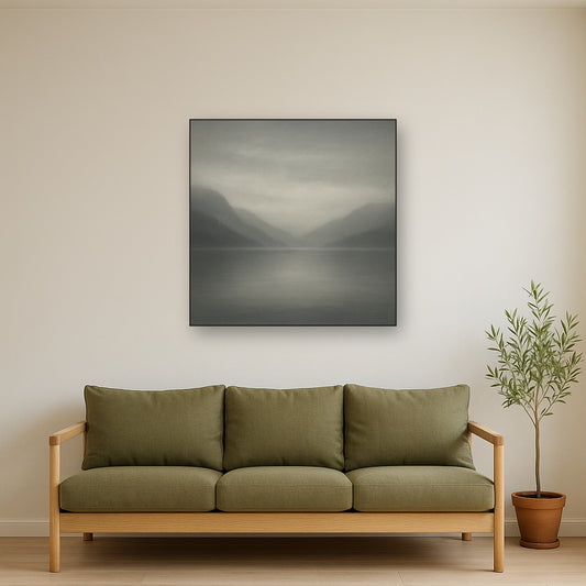 Misty Fjord Horizon in Monochromatic Slate No. 15 Oil Painting Staged Above Sectional Sofa in Living Room, Hand Painted Canvas Wall Art for Home Decor
