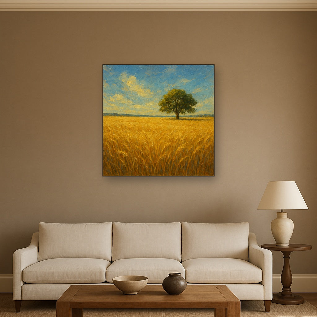 Sun-Drenched Wheat Field & Solitary Tree Oil Painting - Styled in Modern Living Room