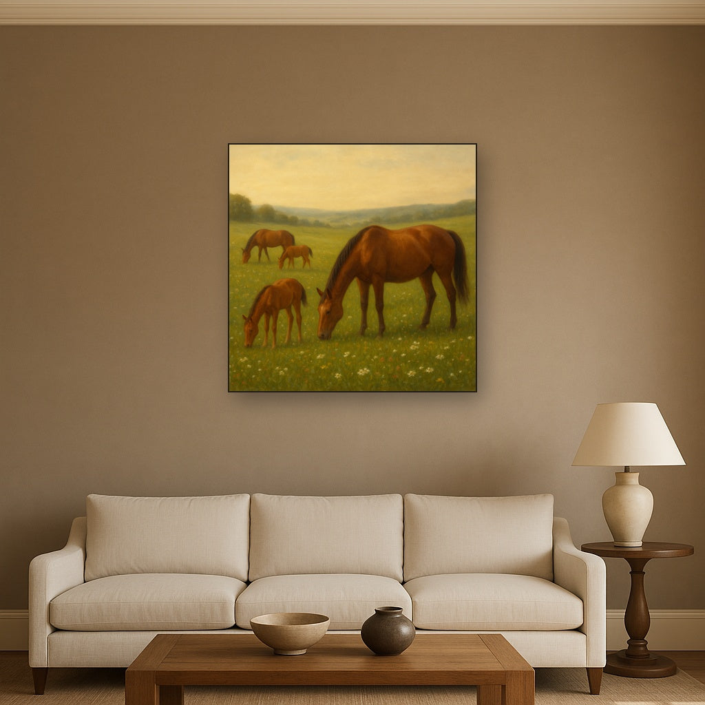 Mares & Foals Grazing in Rolling Meadow No. 8 Oil Painting - View 2