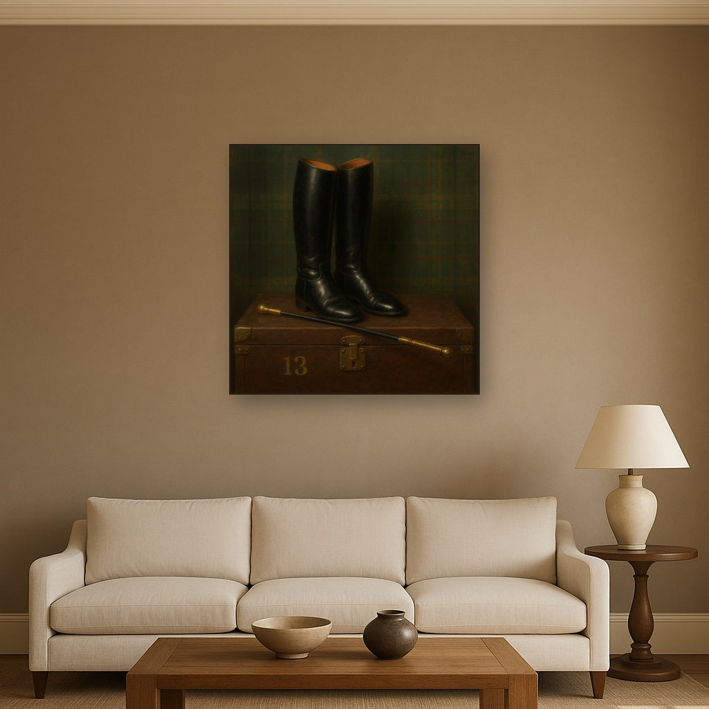 Vintage Riding Boots & Brass Crop on Trunk No. 13 Oil Painting Staged Above Sectional Sofa in Living Room, Hand Painted Canvas Wall Art for Home Decor