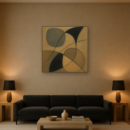 Organic Pebble Contours & Slanted Lines No. 13 Oil Painting Staged Above Sectional Sofa in Living Room, Hand Painted Canvas Wall Art for Home Decor