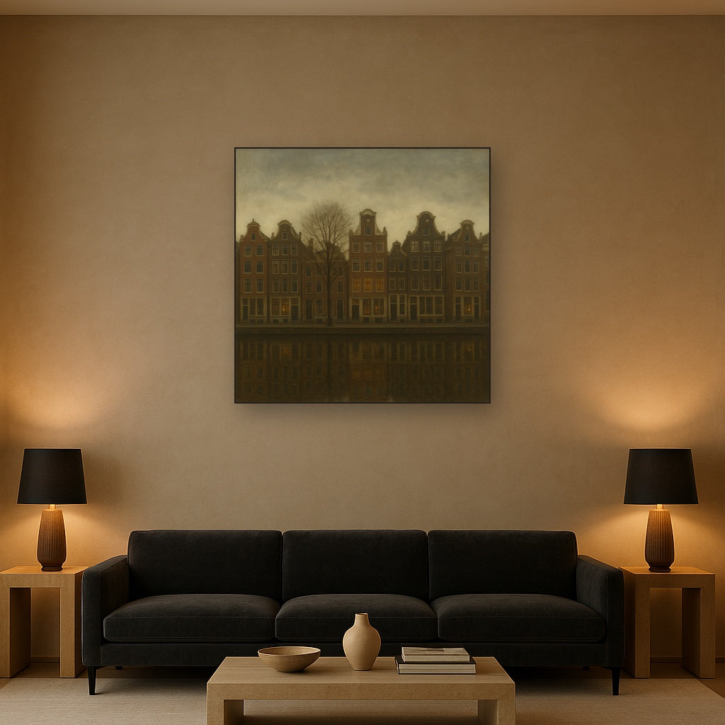 Amsterdam Canal Houses Under Overcast Sky No. 19 Oil Painting - View 2