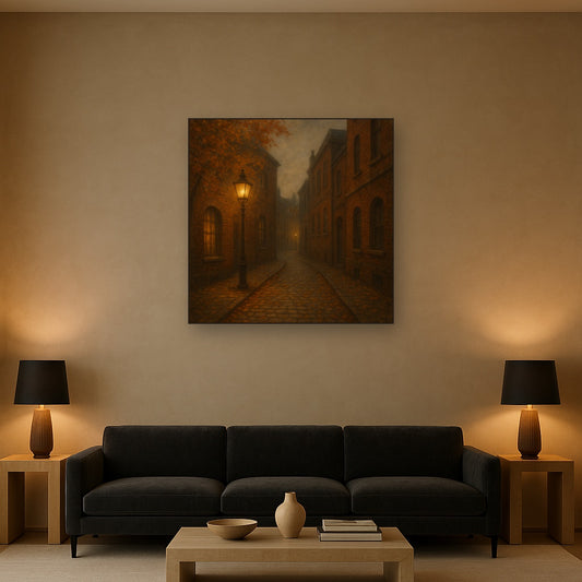 London Gaslamp Alley in Autumn Dusk No. 8 Oil Painting Staged Above Sectional Sofa in Living Room, Hand Painted Canvas Wall Art for Home Decor
