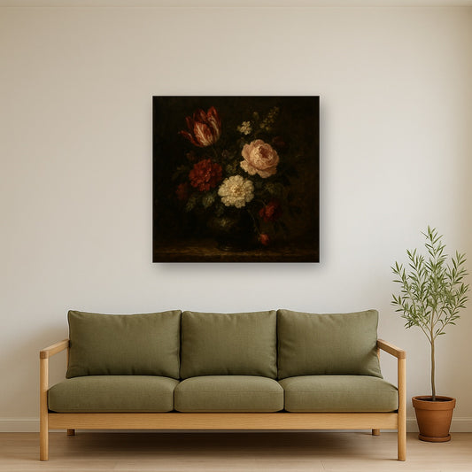 Dutch Golden Age Moody Floral Still Life Oil Painting - Styled in Modern Living Room
