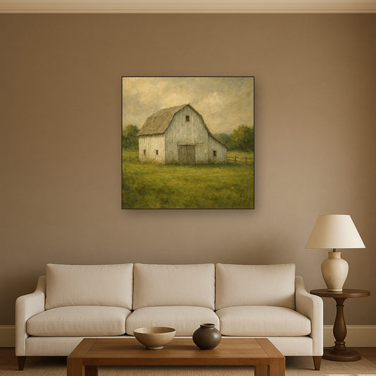 Weathered White Barn & Pasture No. 5 Oil Painting - Styled in Modern Living Room