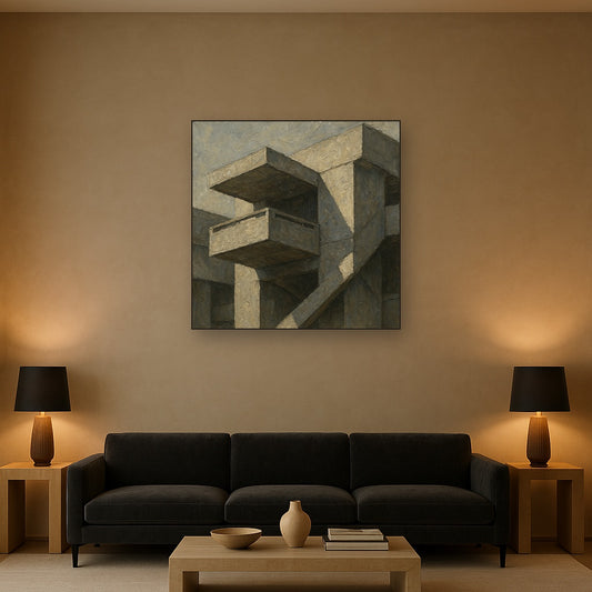 Brutalist Cantilevered Balcony Study No. 2 Oil Painting - Styled in Modern Living Room