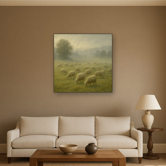 Pastoral Grazing Flock at Morning Mist No. 3 Oil Painting - Styled in Modern Living Room