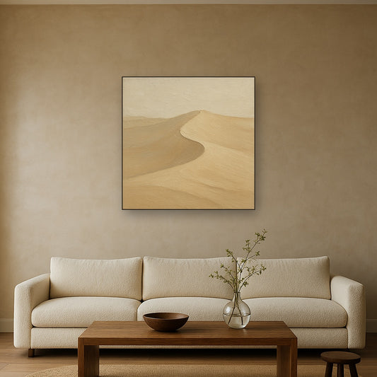 Monochrome Dune Ridge Minimalist Oil Painting - Styled in Modern Living Room