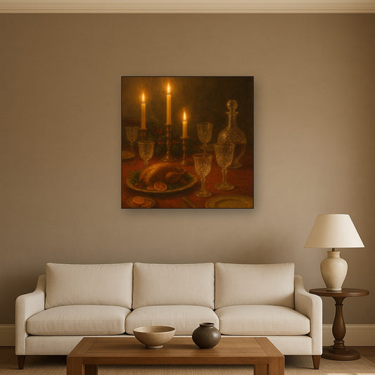 Candlelit Holiday Table & Vintage Glassware No. 9 Oil Painting Staged Above Sectional Sofa in Living Room, Hand Painted Canvas Wall Art for Home Decor