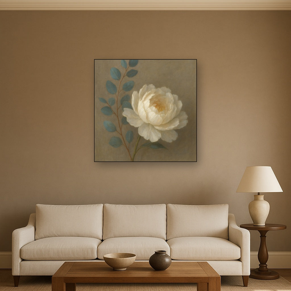 Eucalyptus & White Peony Minimalist Flora No. 12 Fine Art Oil Painting - View 2
