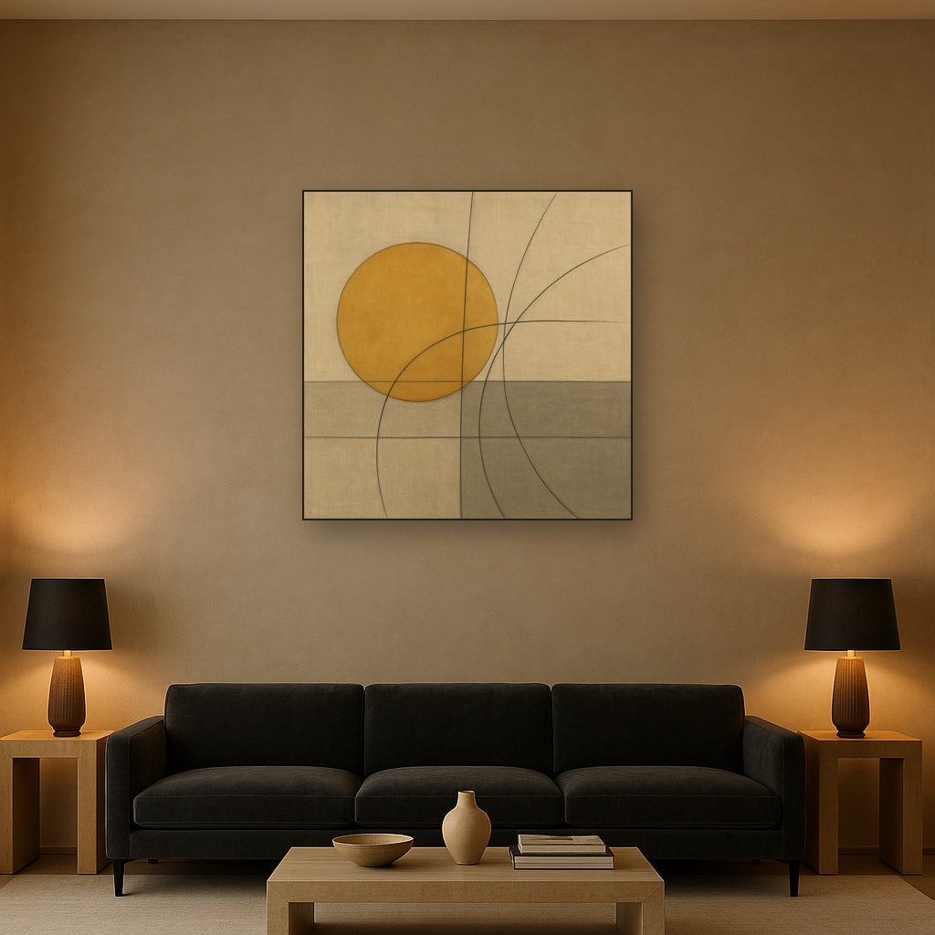 Abstract Tangent Lines & Earthy Ochre Disc No. 13 Oil Painting - View 2
