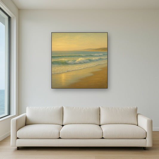Gentle Breaking Waves & Wet Beach Reflection No. 15 Oil Painting Staged Above Sectional Sofa in Living Room, Hand Painted Canvas Wall Art for Home Decor